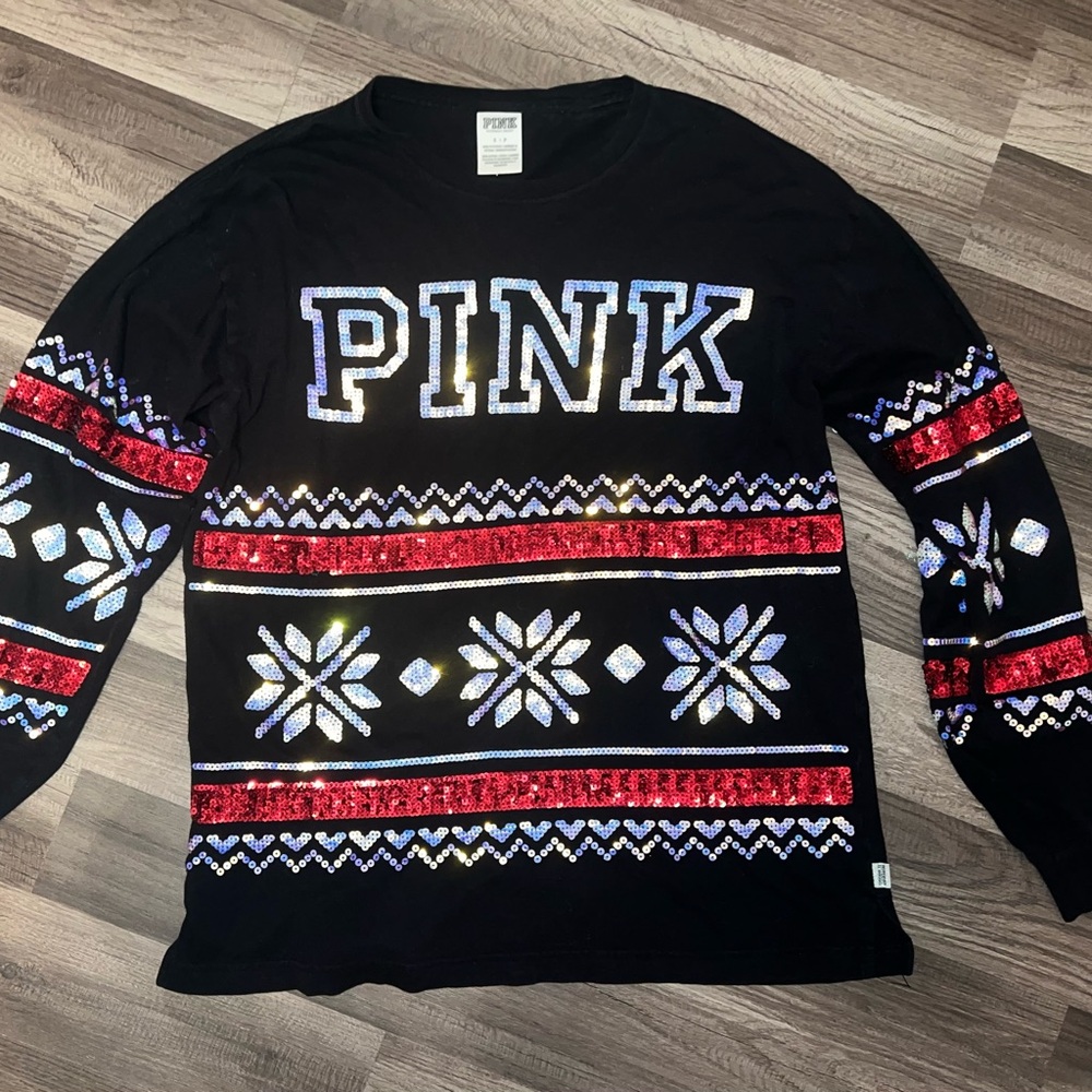 PINK Victoria's Secret Sequins Christmas Long Sleeve Tee